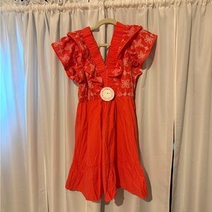 Umgee orange Embroidered Ruffle Dress
